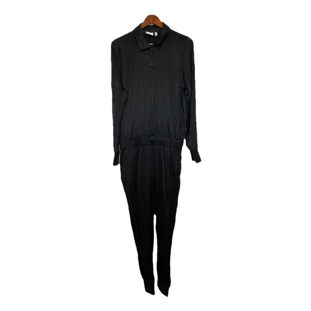 Good American Women's 3x Satin Black Long Sleeve Button Up Jumper One Piece